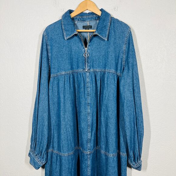 Topshop CHambray Apron Dress Empire Waist Blue Zip Front Casual Midi - 12 - Picture 2 of 5